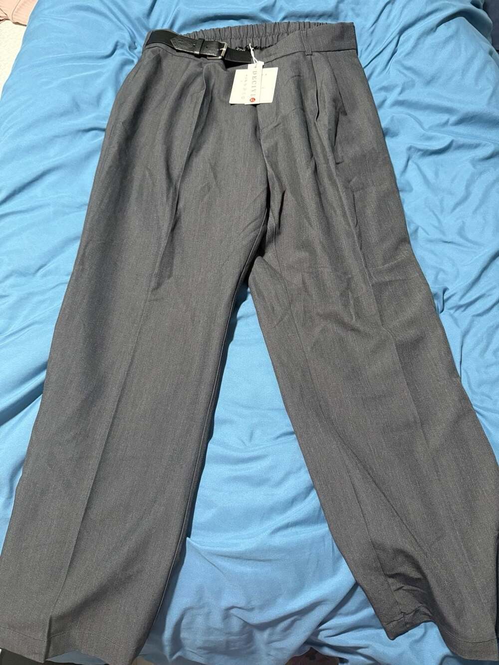 Decivi Pleated Trousers Size XL Gray Wide Leg Casual Pants with Belt